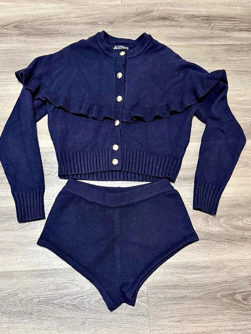 Anewsta Ruffle Collar Cardigan And Knit Shorts Set Blue Large